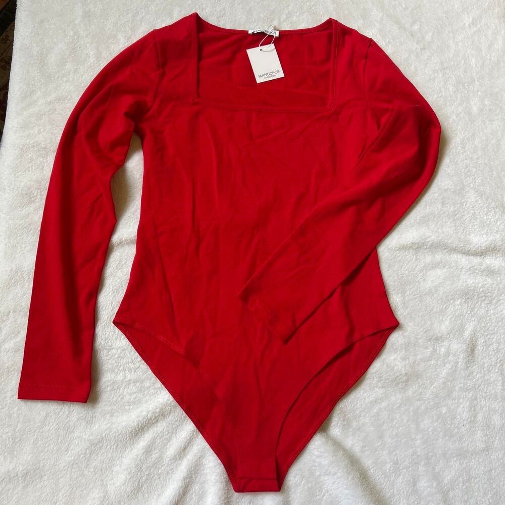Mangopop Red long sleeve bodysuit square neckline nwt women's medum